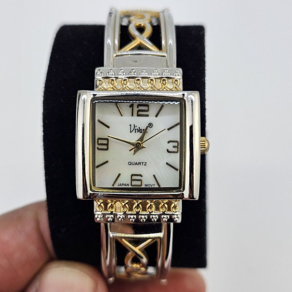 Vivani Women's Cuffโ Watch 25MM White Dial Two Tone Bracelet Band 6" New Battery